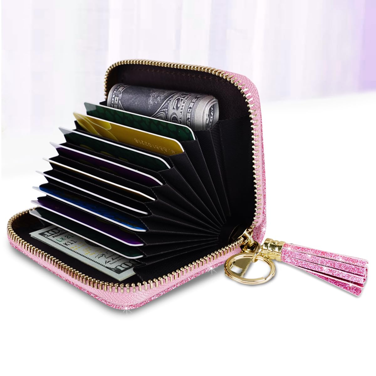 RFID Blocking Glitter Credit Card Holder for Women - Slim Small Wallet with Card Slots - Perfect for Travel, Shopping & Everyday Use