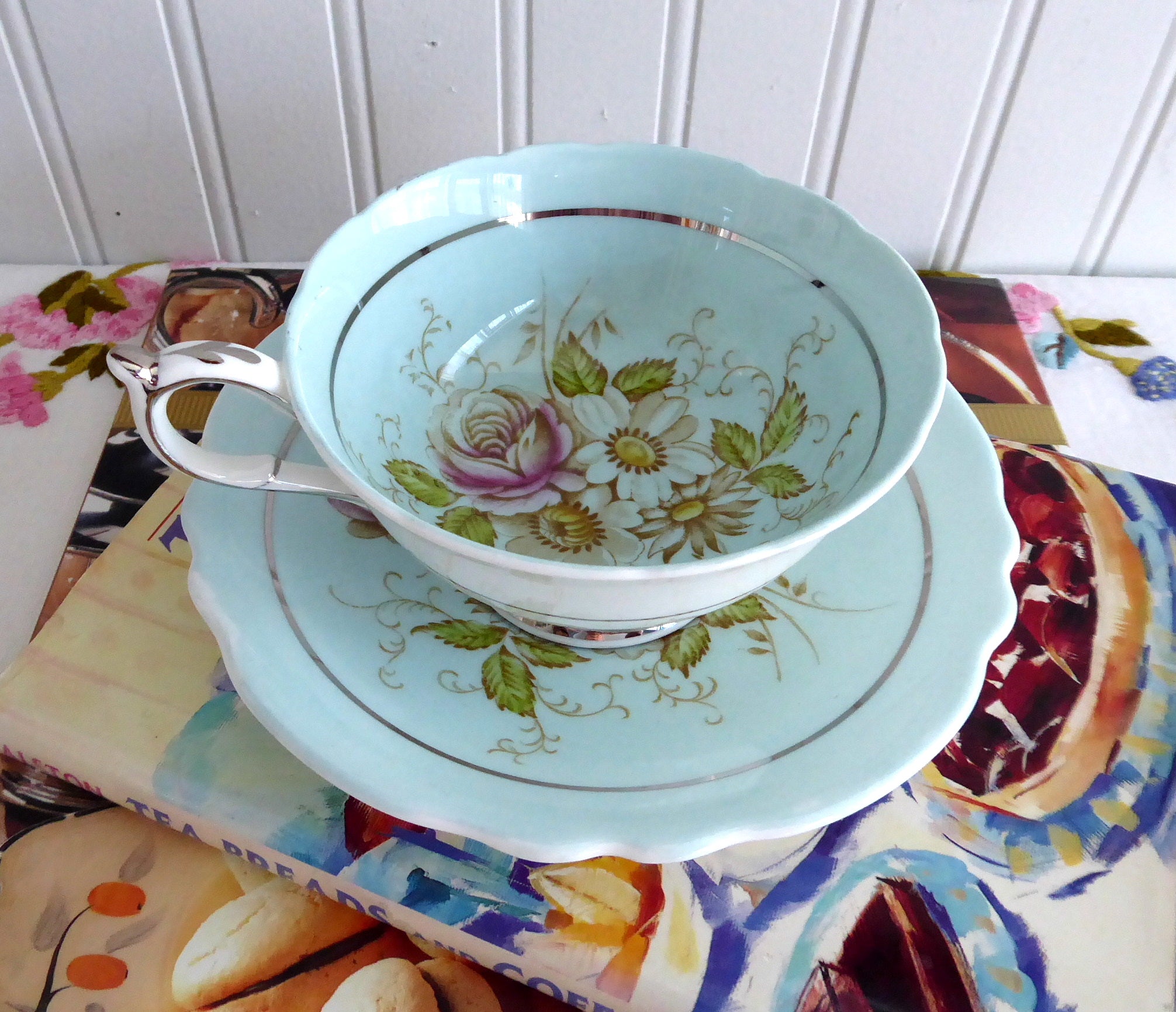 Vintage 1940s Hand-Painted Floral Paragon Cup and Saucer Set - Robin's Egg Blue with Platinum Trim | Elegant Tea Time, Bridal Shower, and Antique Collectible