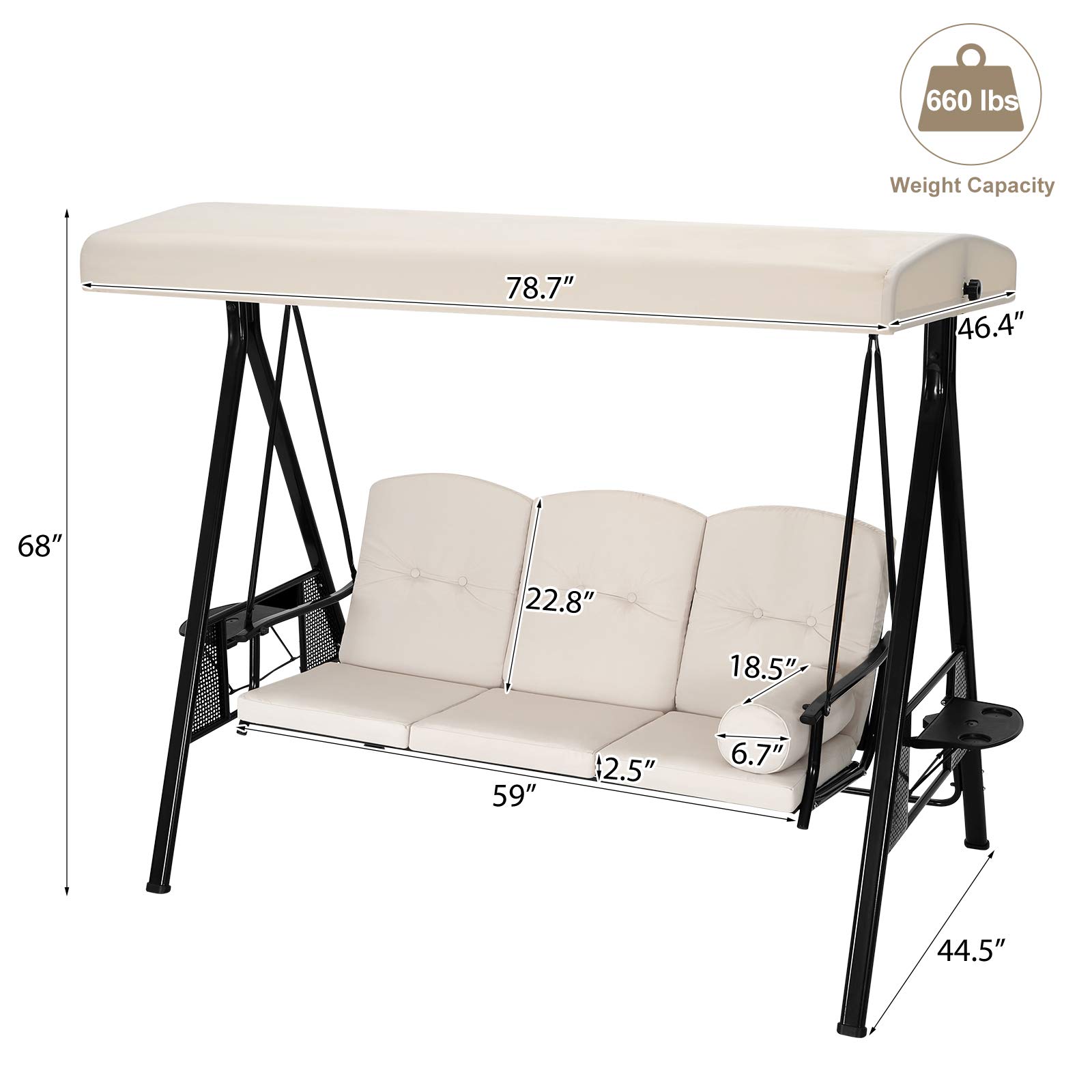 U-MAX 3-Seat Outdoor Patio Swing Chair with Canopy - Weather Resistant Steel Frame, Cup Holders & Cushions - Adjustable Tilt Canopy in Beige - Perfect for Backyard, Garden, Porch or Deck Relaxation