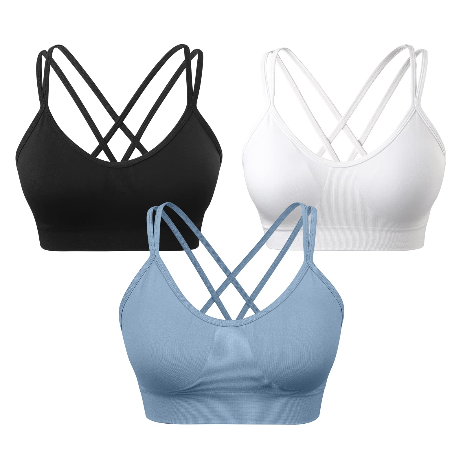 VEQKING Women's Cross Back Sports Bras - Medium Support Padded Yoga Bra 3 Pack for Workout, Fitness & Running | Breathable Strappy Design for Gym, Yoga & Active Lifestyle