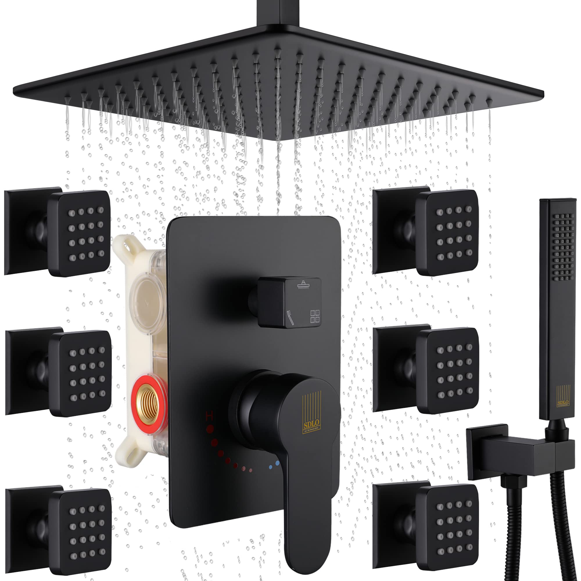 12 Inch Ceiling Brass Shower System with Body Jets - Luxury Rainfall Shower Head for Spa-Like Bathroom Experience - Perfect for Master Bath & Modern Home Renovations