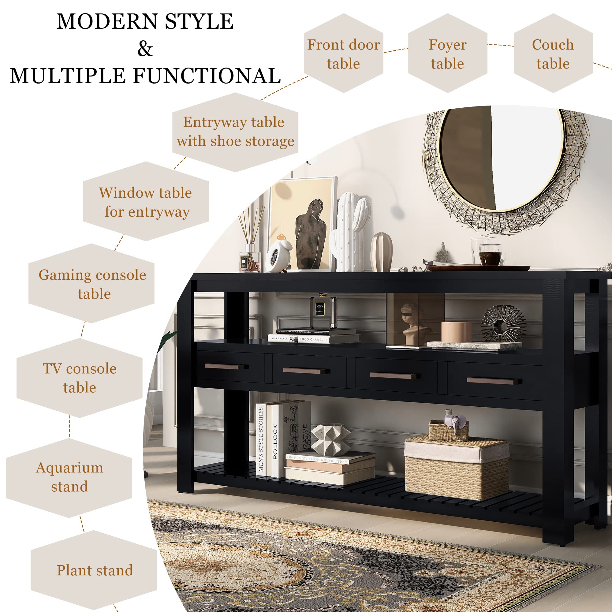 Merax Retro Style Entryway Console Table with 4 Drawers & 2 Shelves - Sofa Table for Living Room, Hallway & Corridor - Perfect for Small Space Organization & Home Décor (Black)