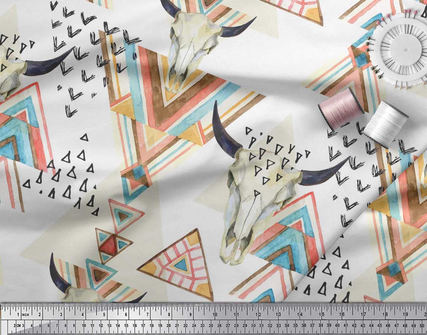 Soimoi Moss Georgette Brown Fabric by The Yard - 42 Inch Wide Printed Fabric with Triangle & Animal Face Geometric Pattern - Trendy Fashion Material for Dresses, Scarves, DIY Projects & Home Decor