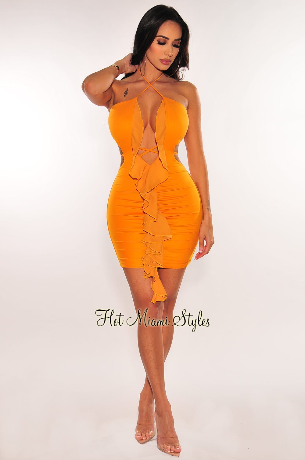 Sexy Honey Halter Cut Out Ruffle Mini Dress for Women - Summer Party, Date Night & Beach Vacation Outfit