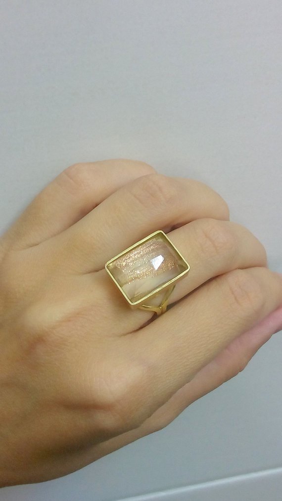 Rectangle Gold Ring with Golden Rutilated Quartz Gemstone - Elegant Bezel Setting Large Statement Ring - Perfect Wedding Gift & Bridal Jewelry (Ideal for Engagement, Anniversary, or Special Occasion Gift)