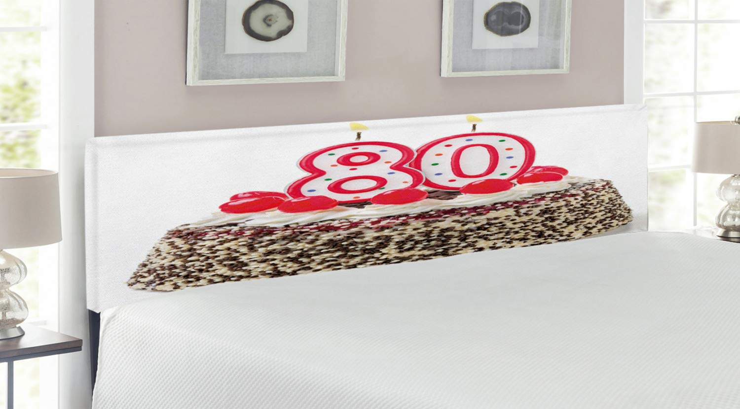 Ambesonne King Size Upholstered Headboard with Memory Foam - 80th Birthday Party Cake Design Featuring Tasty Cherries, Sprinkles & Candles - Decorative Metal Bed Frame for Adult Bedroom, Guest Room or Dorm Decor