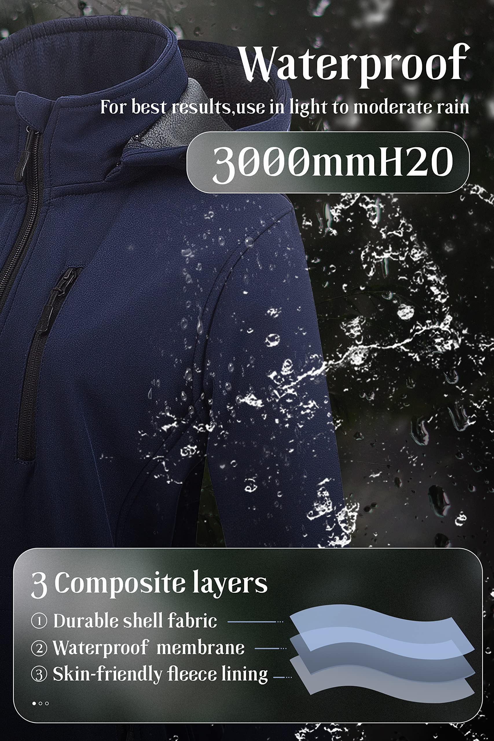 Chrisuno Women's Lightweight Waterproof Softshell Fleece Lined Jacket - Windproof Anorak Raincoat with Removable Hood for Hiking, Camping & Outdoor Activities