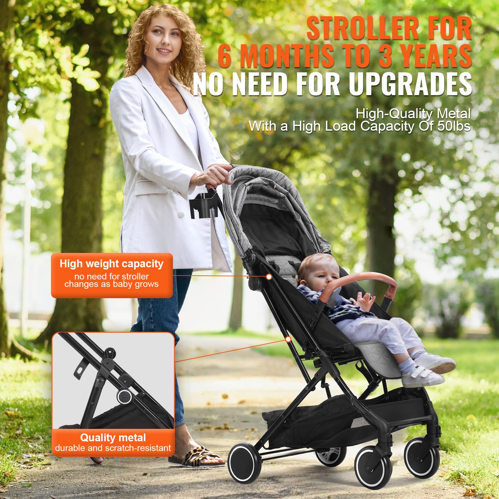 VEVOR Adjustable Baby Stroller for Newborns & Toddlers - Lightweight Travel Stroller with Reclining Backrest (95°-150°), Foldable Footrest (0°/90°), Cup Holder & Storage Bag - One-Click Folding Compact Stroller for Shopping, Travel & Daily Walks (Dark Grey)
