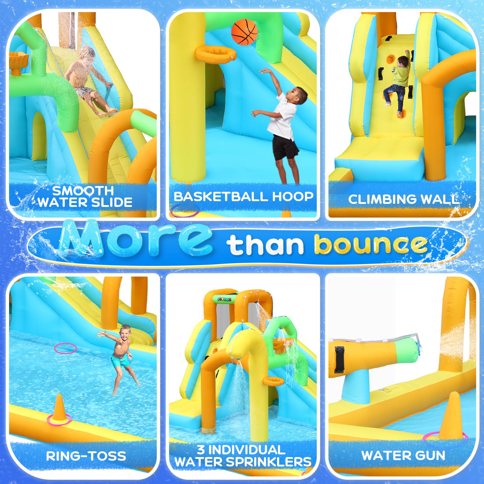 JOYMOR 10-in-1 Inflatable Water Slide Bounce House with Water Bucket, Tunnel, Water Cannon & Basketball Hoop - Fast 1 Minute Setup (Includes Air Blower) - Outdoor Backyard Water Park for Kids Ages 3-10 - Perfect for Summer Parties, Birthdays & Family Fun