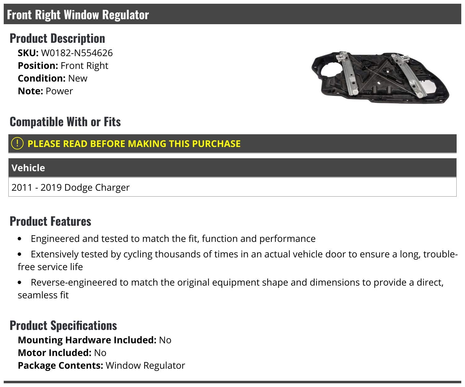 2011-2019 Dodge Charger Front Right Passenger Side Power Window Regulator Assembly - Replacement Auto Part for Smooth Window Operation - Perfect for Car Repair & Maintenance