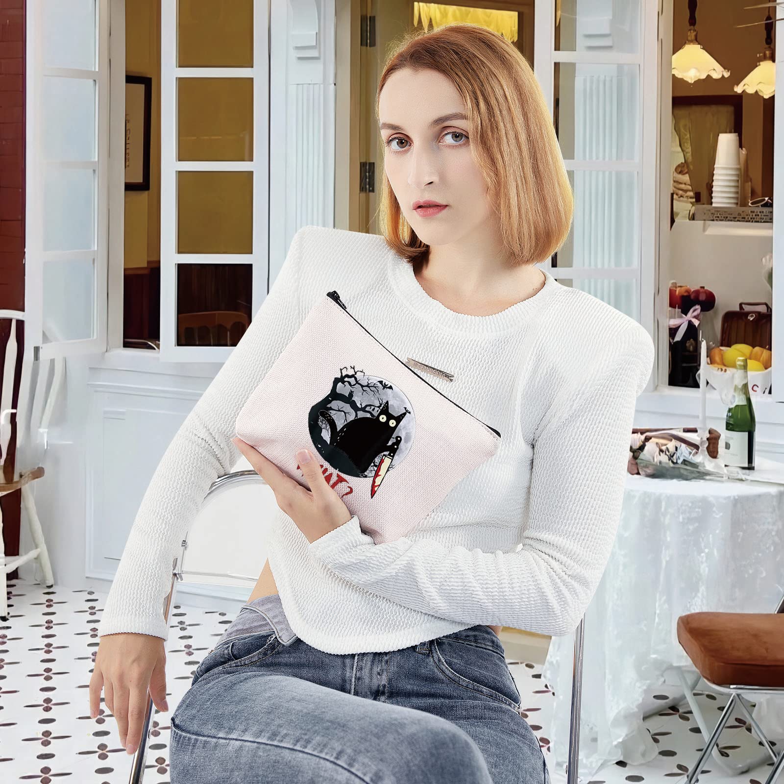 LEVLO Murderous Cat With Knife Cosmetic Makeup Bag - Cute & Spooky Zipper Pouch for Cosmetics & Travel - Perfect Halloween Gift & Unique Makeup Organizer (Great for Halloween Parties, Cosplay & Everyday Use)