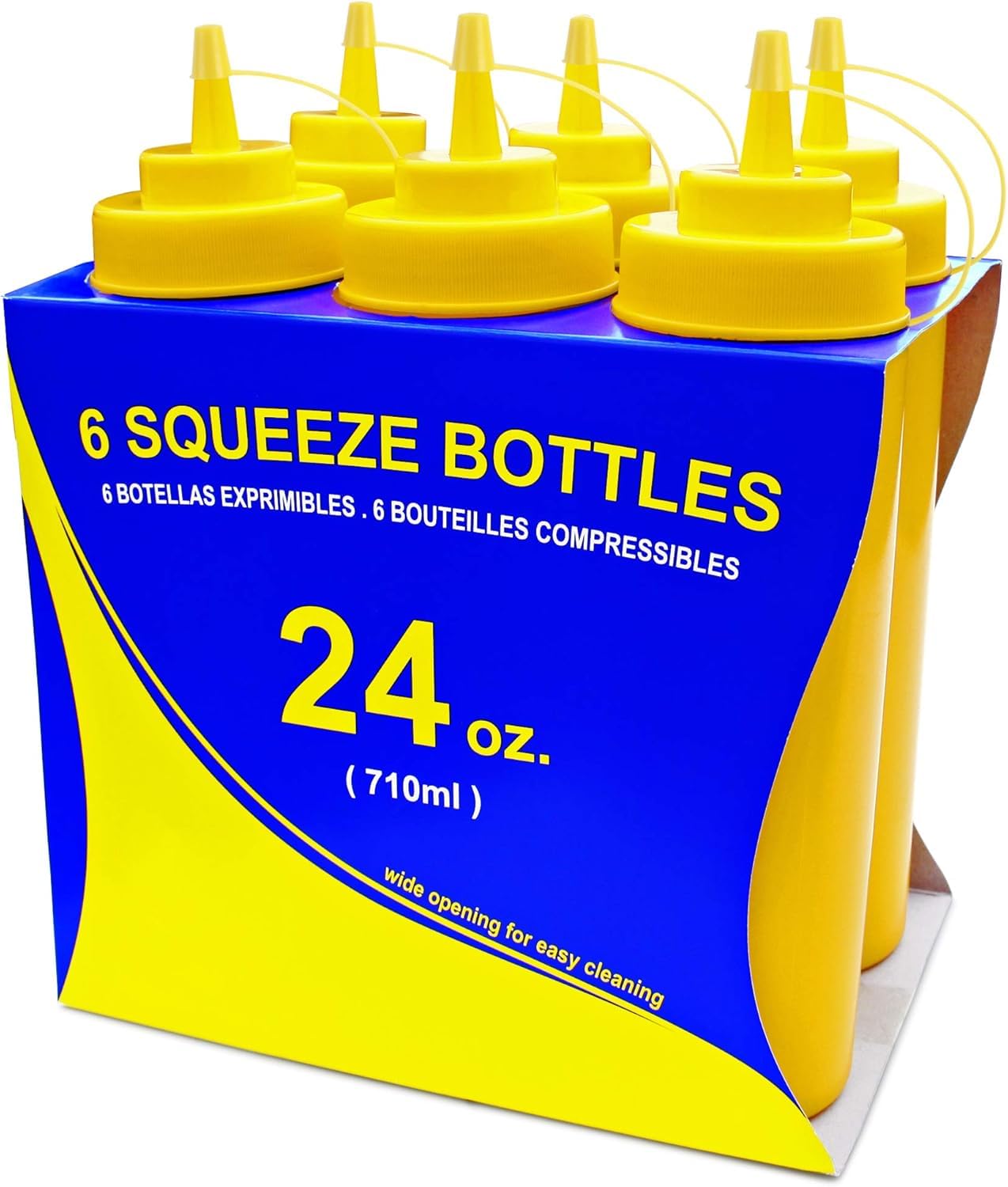 New Star Foodservice 26580 Plastic Squeeze Bottles with Caps - 24 oz Wide Mouth Yellow Condiment Dispensers (Pack of 6) - Ideal for Restaurants, Catering & Home Kitchen Use
