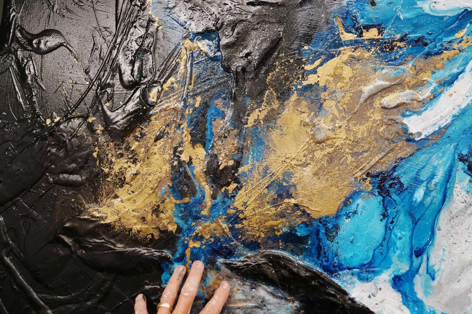 250cm x 150cm Blue White Textured Abstract Painting - Cobalt Barracuda - Modern Wall Art for Living Room, Bedroom & Office Decor
