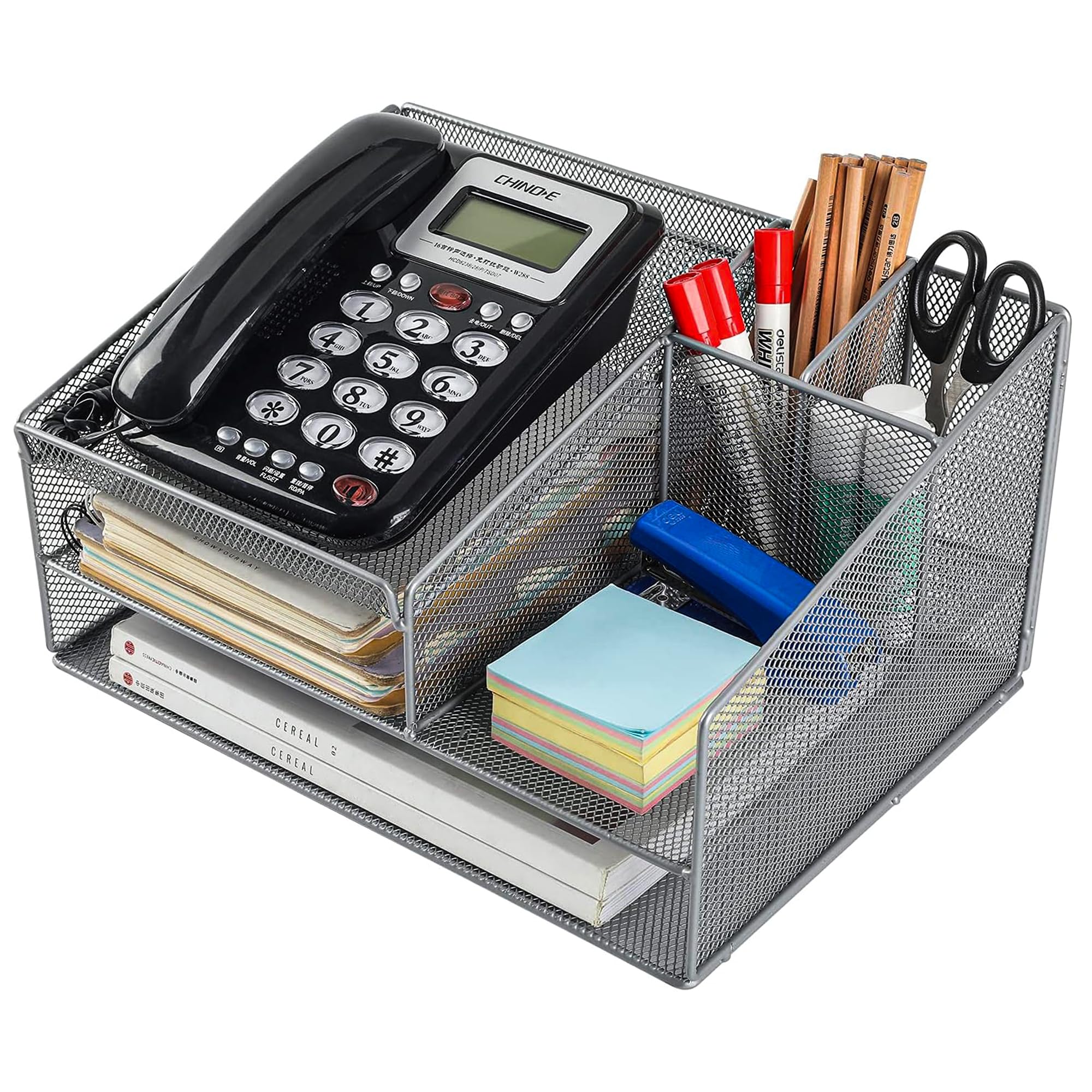 Silver Telephone Stand & Desk Organizer with Letter Tray - Phone Holder, Pen Pencil Organizer for Office, School, Home - Perfect for Workspace Organization & Productivity Boost