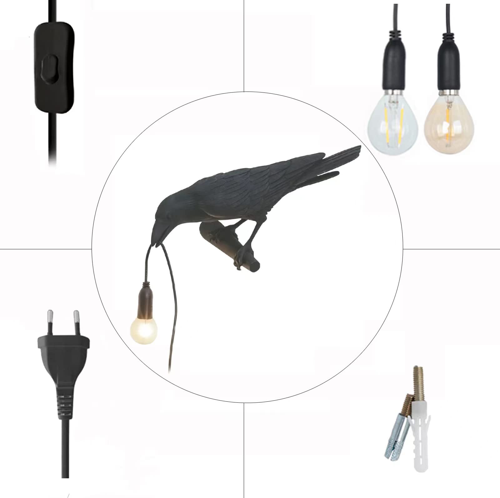 Gothic Black Crow Wall Lamp - Plug-in Hanging Raven Light with 2 Bulbs, Unique Resin Halloween Decor for Home, Office & Table | Spooky Gothic Lighting for Bedroom, Living Room & Halloween Party Decorations