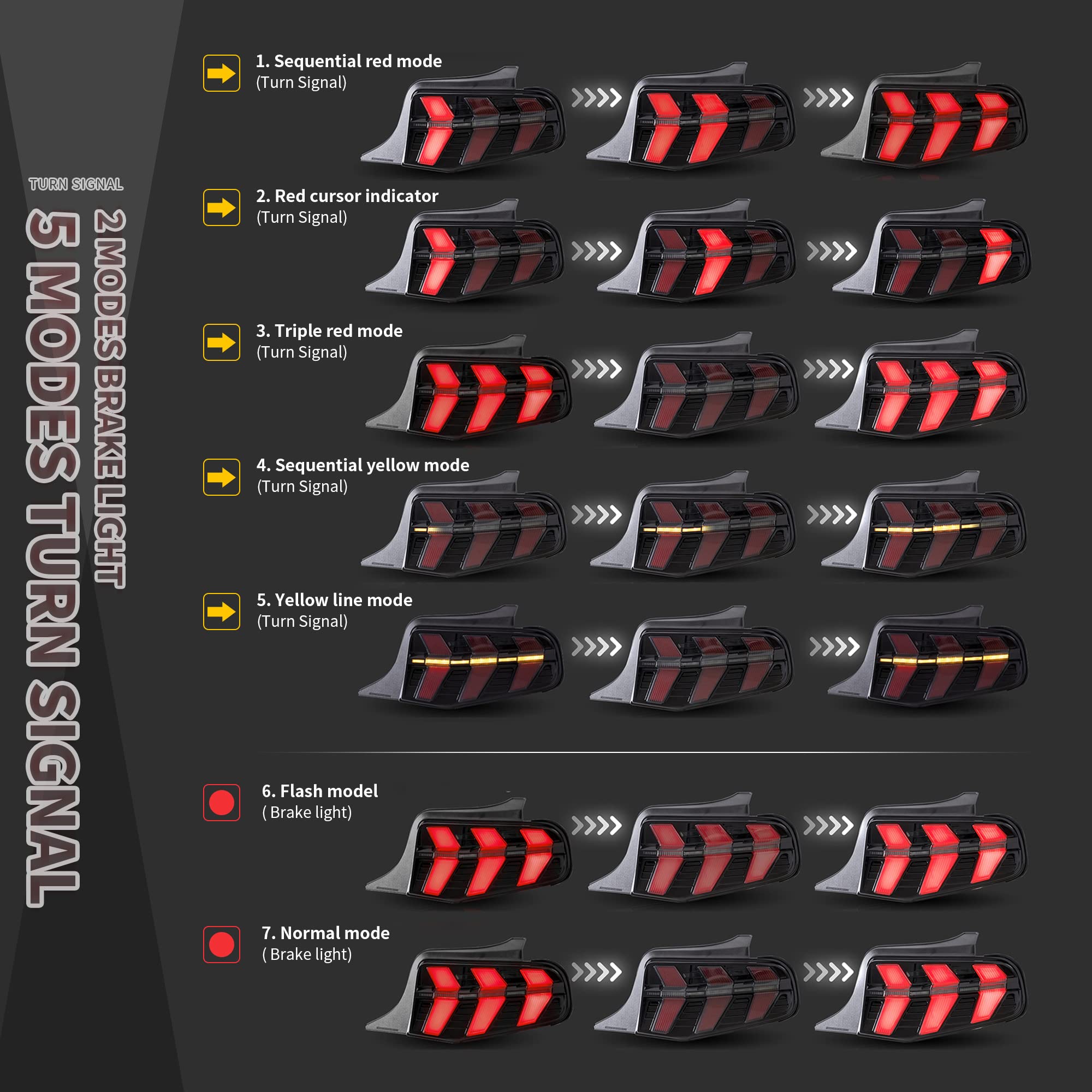 VLAND LED Tail Lights for Ford Mustang 2010-2012 - 7 Lighting Modes, Sequential Turn Signals, Startup Animation - Compatible with Driver & Passenger Side - Perfect for Night Driving and Car Customization