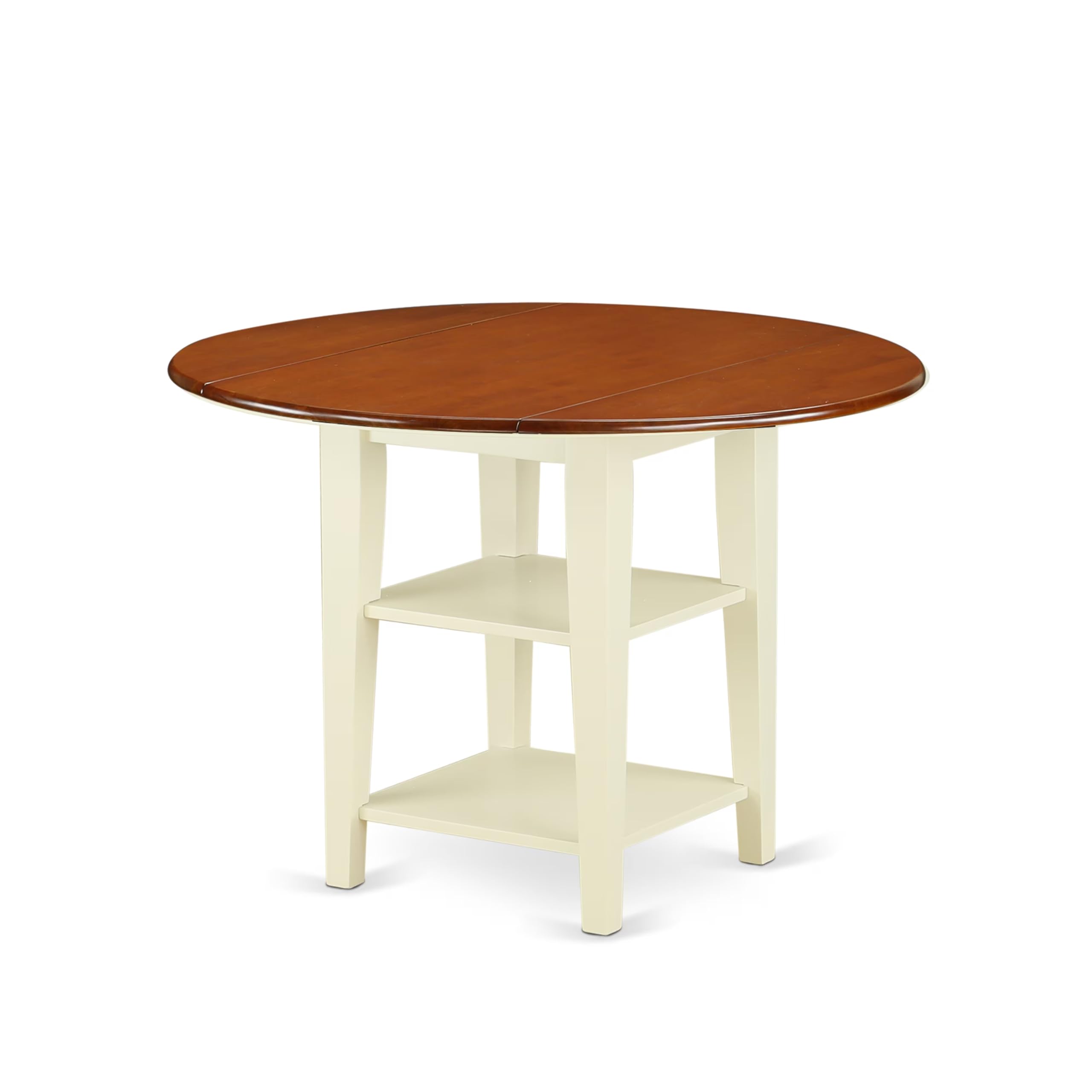 East West Furniture SUNI5-BMK-W 5-Piece Modern Dining Set - Round Wooden Drop-Leaf Table with Shelves & 4 Chairs, 42x42 Inch, Buttermilk & Cherry - Perfect for Small Spaces, Breakfast Nooks & Cozy Dining Rooms