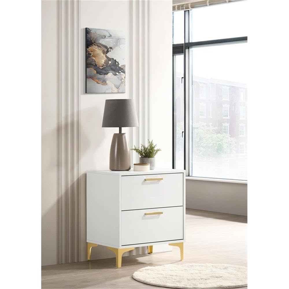 MAKLAINE White Modern 2-Drawer Wood Nightstand with Metal Base - Bedside Table for Bedroom, Living Room & Guest Room Storage