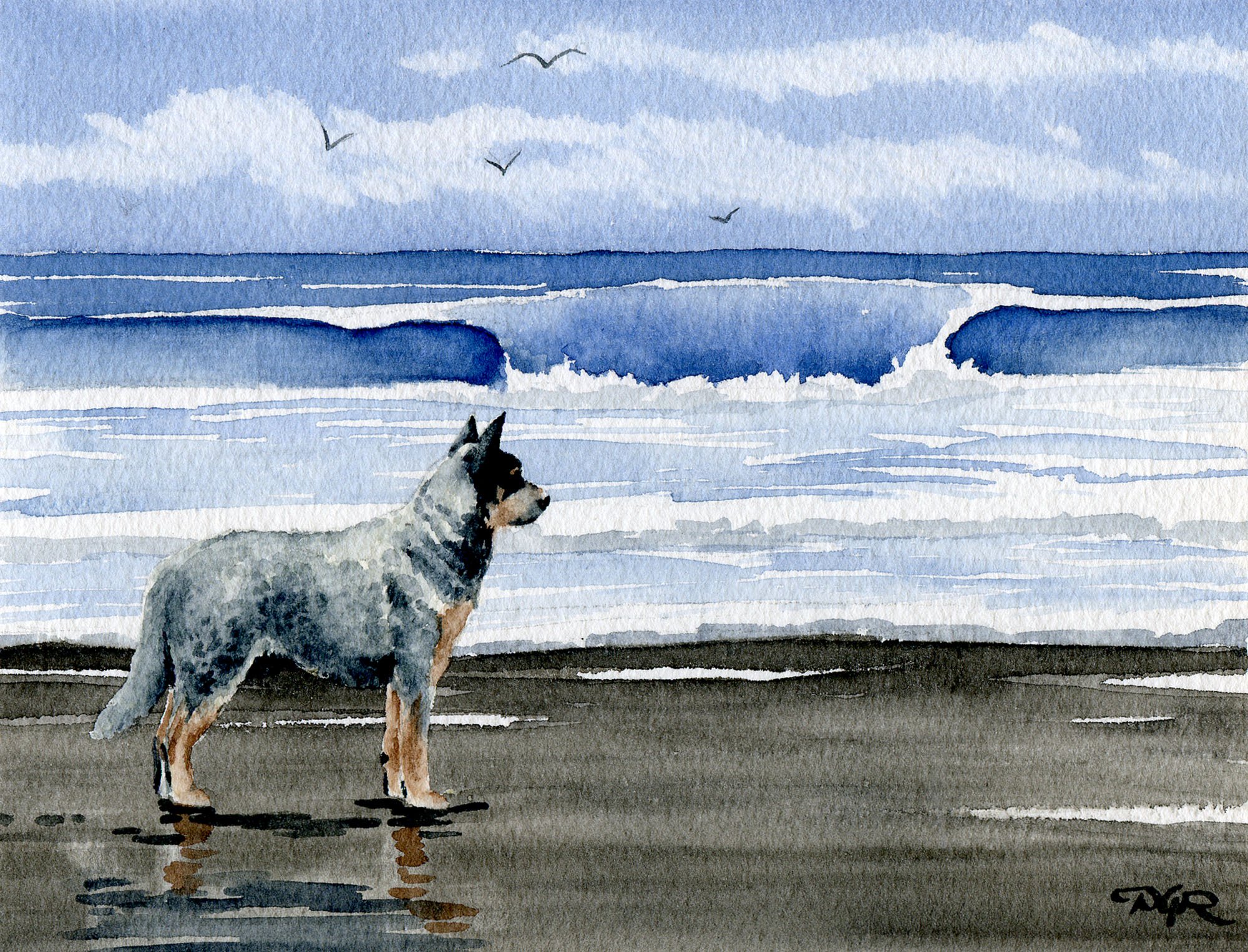 Australian Cattle Dog Beach Art Print - Watercolor Painting by DJ Rogers | Large Wall Decor for Living Room, Bedroom, or Office