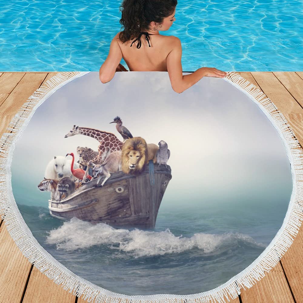 Funny Animal Print Round Beach Towel - Tiger, Lion, Giraffe & Flamingo Designs with Tassels | 59 Inch Large Pool Towel for Kids & Adults | Perfect for Beach, Poolside, Picnics & Outdoor Activities