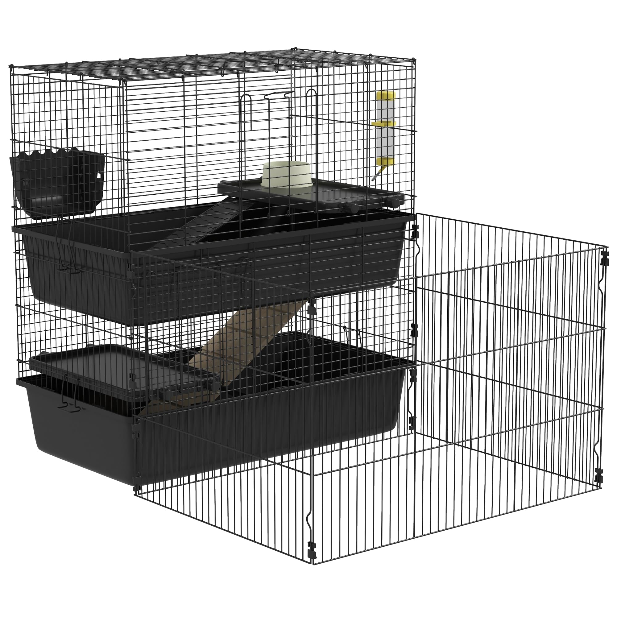 PawHut Small Animal Cage with Playpen - Multi-Level Indoor Pet Habitat for Guinea Pigs, Hedgehogs, Rabbits | Includes Water Bottle, Food Dish, Feeding Trough | Perfect for Small Pet Playtime & Safe Indoor Housing