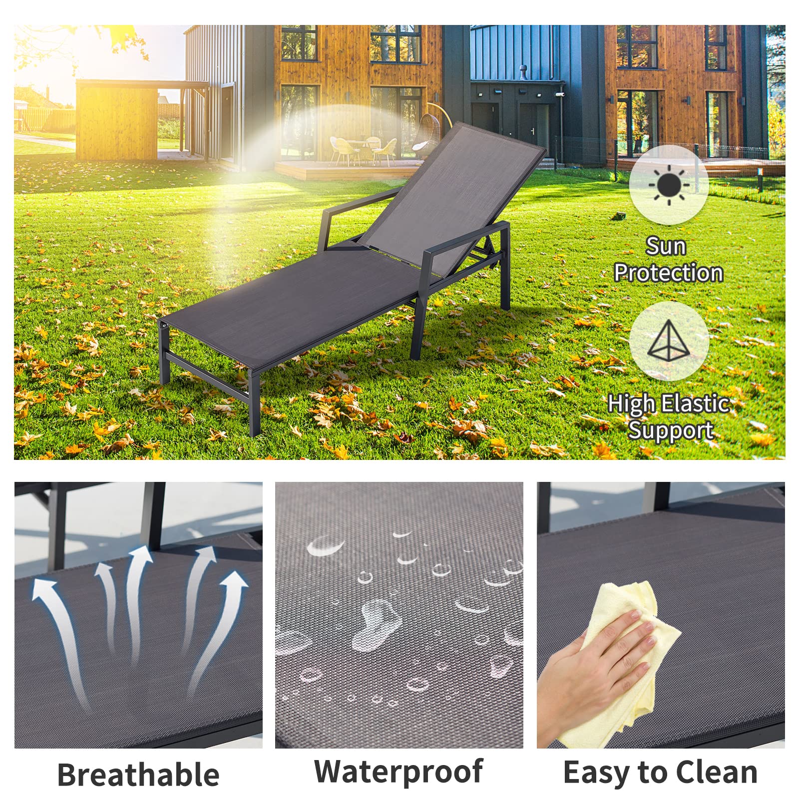 2-Pack Adjustable Aluminum Chaise Lounge Chairs with Armrests - Outdoor Patio Furniture for Poolside, Beach, Balcony, Lawn & Yard - Weather-Resistant Grey Lounge Chairs Set (Perfect for Sunbathing, Relaxing & Outdoor Lounging)