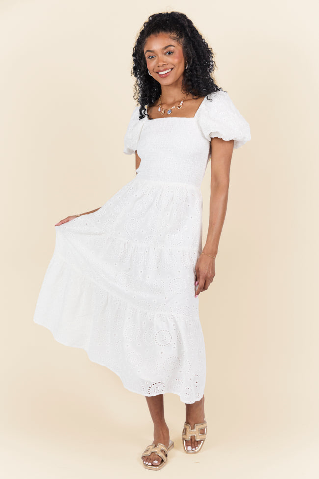 Forget Me Not White Eyelet Short Sleeve Midi Dress - Floral Lace Summer Dress for Women, Perfect for Beach Vacations, Garden Parties & Date Nights