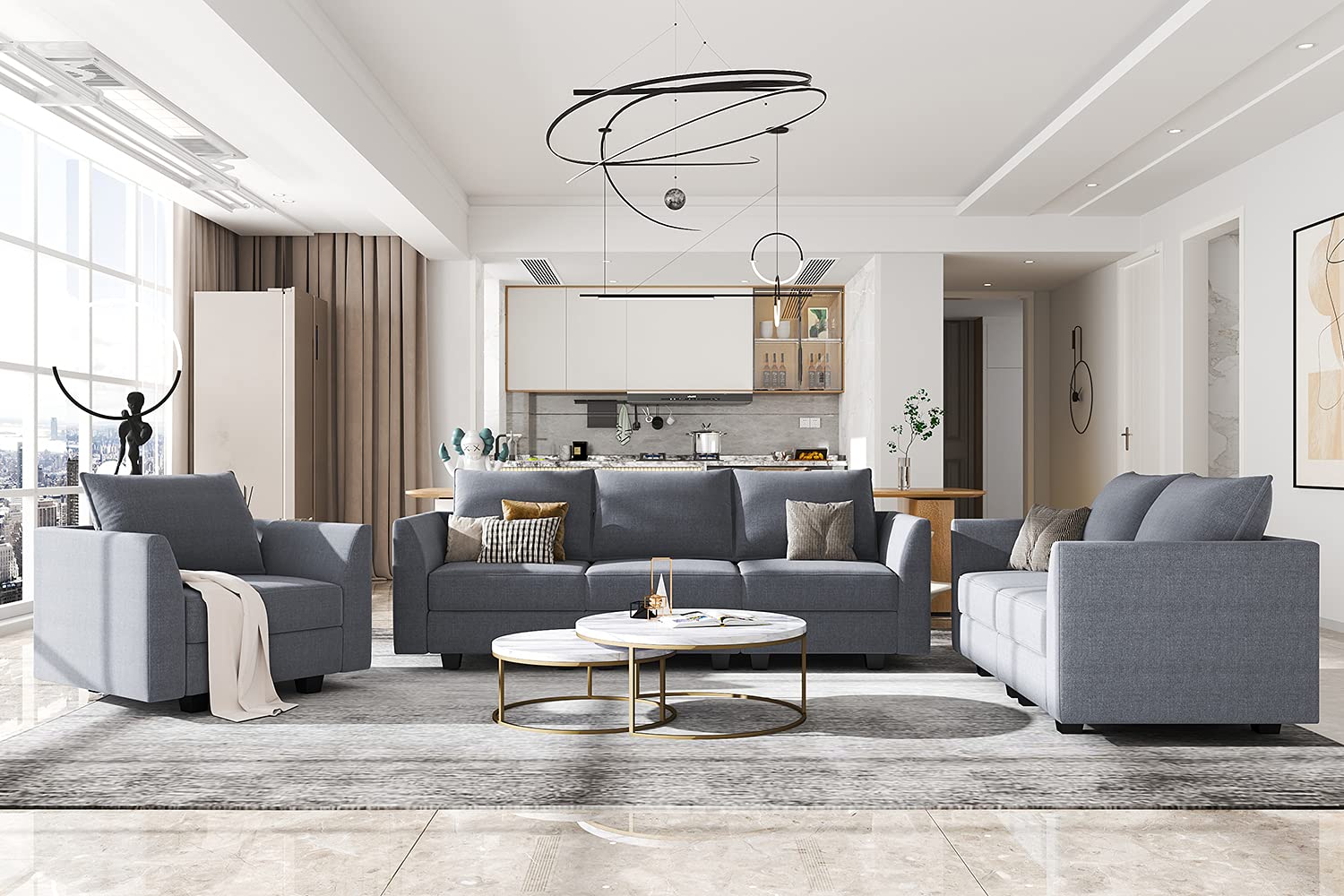 HONBAY Modern Modular Sofa Sectional - Customizable Fabric Middle Module, Armless Chair in Bluish Grey | Perfect for Living Room, Lounge & Home Theater Seating