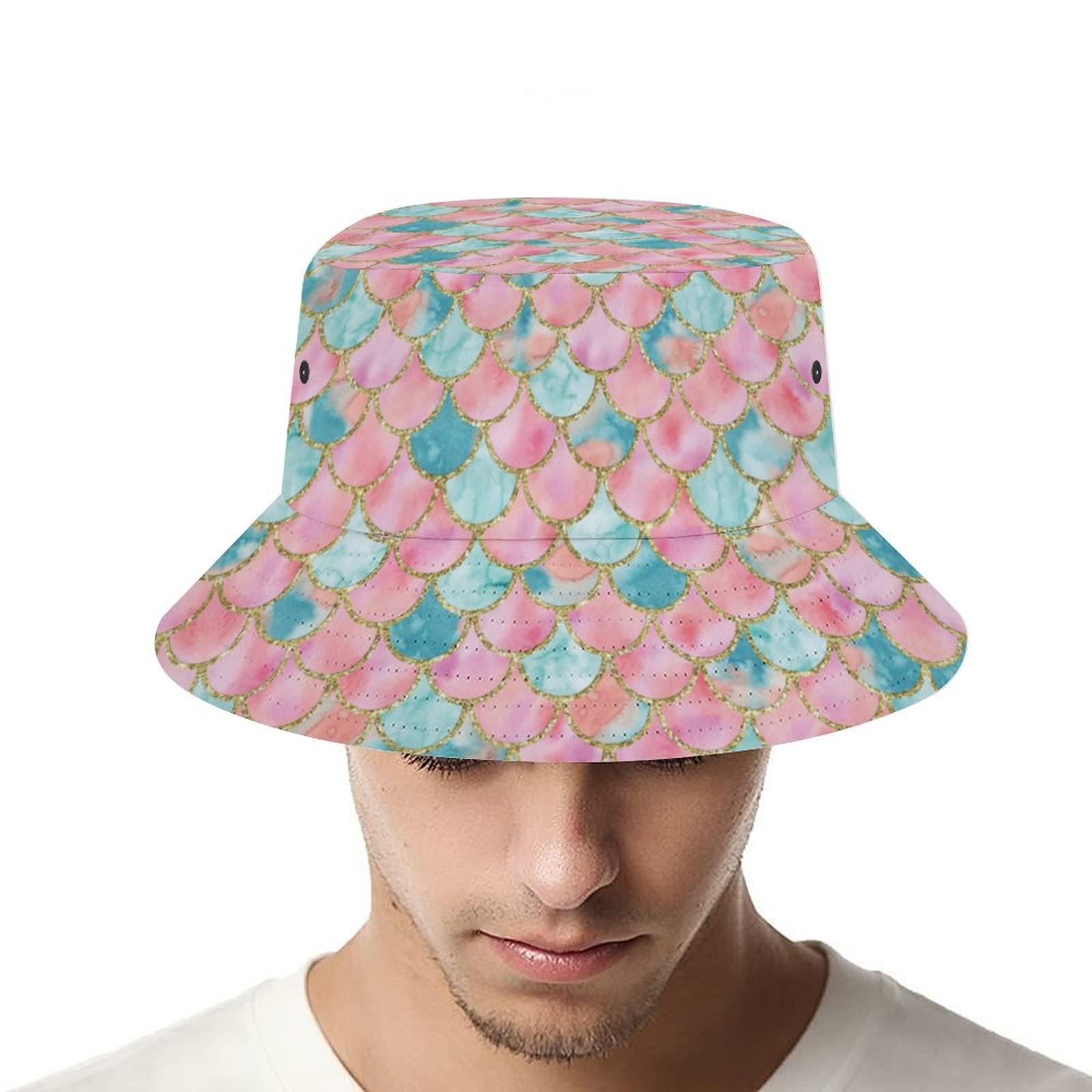 Watercolor Mermaid Scales Glitter Bucket Hat - UV Protection Unisex Summer Beach Hat for Women & Men - Perfect for Outdoor Travel, Fishing, and Festival Fashion