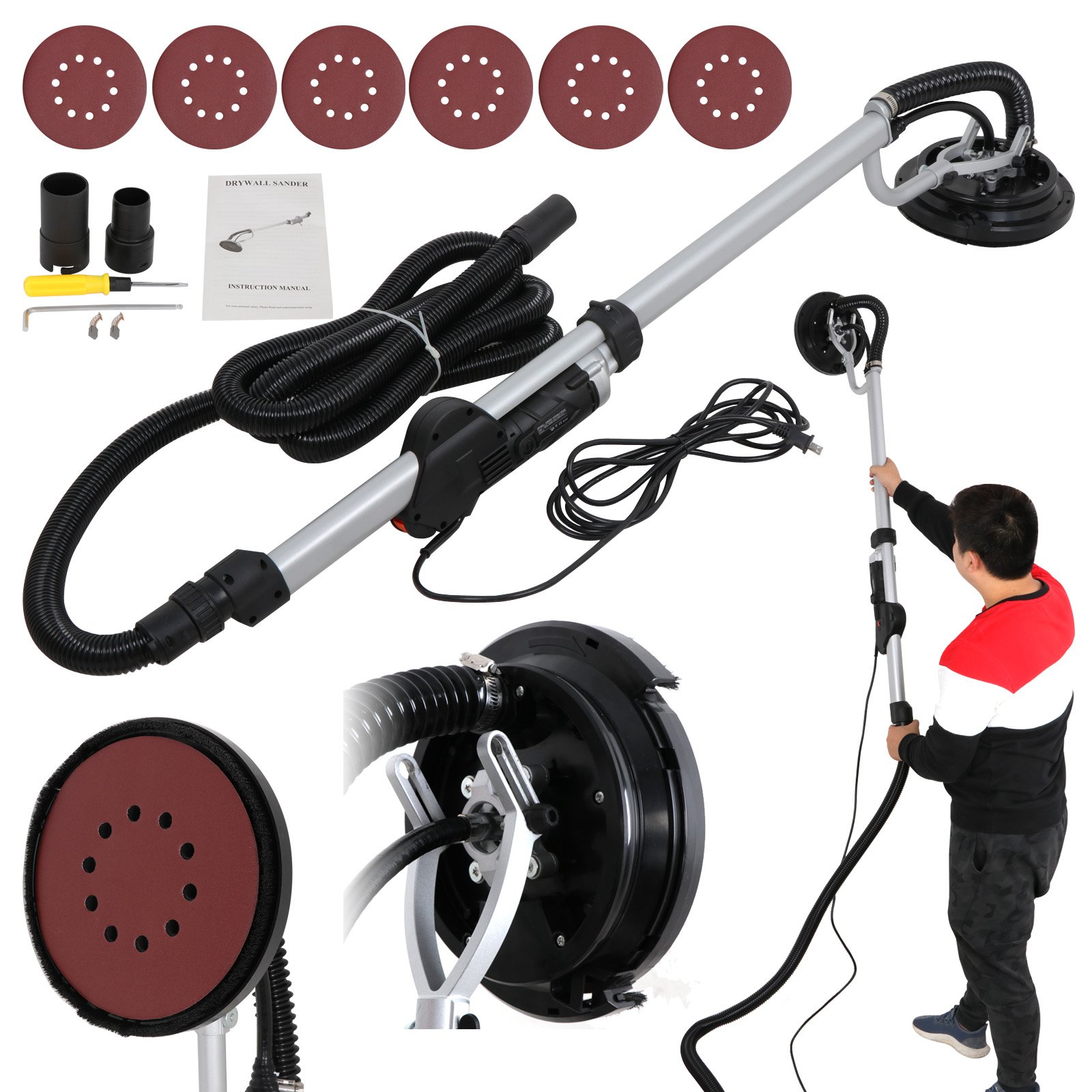 ZenStyle 800W Electric Drywall Sander - 6 Speed Variable Swivel Disc with Vacuum & 6 Sandpads - Perfect for Home Renovation, Wall Smoothing & DIY Projects