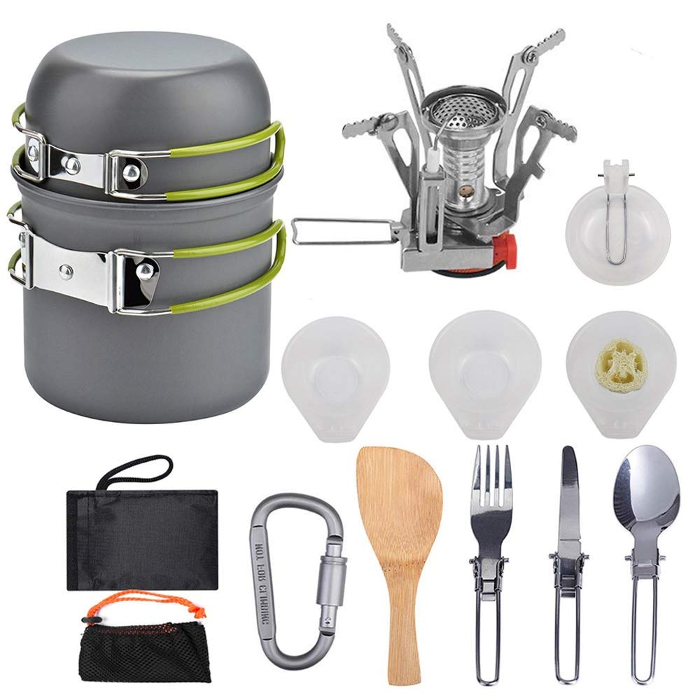 TANGIST 11-Piece Nonstick Camping Cookware Set - Lightweight Backpacking Cooking Kit for Hiking, Picnics & Outdoor Adventures - Perfect for Family Camping Trips (Green+Orange) | Compact & Durable for Backpackers & Campers