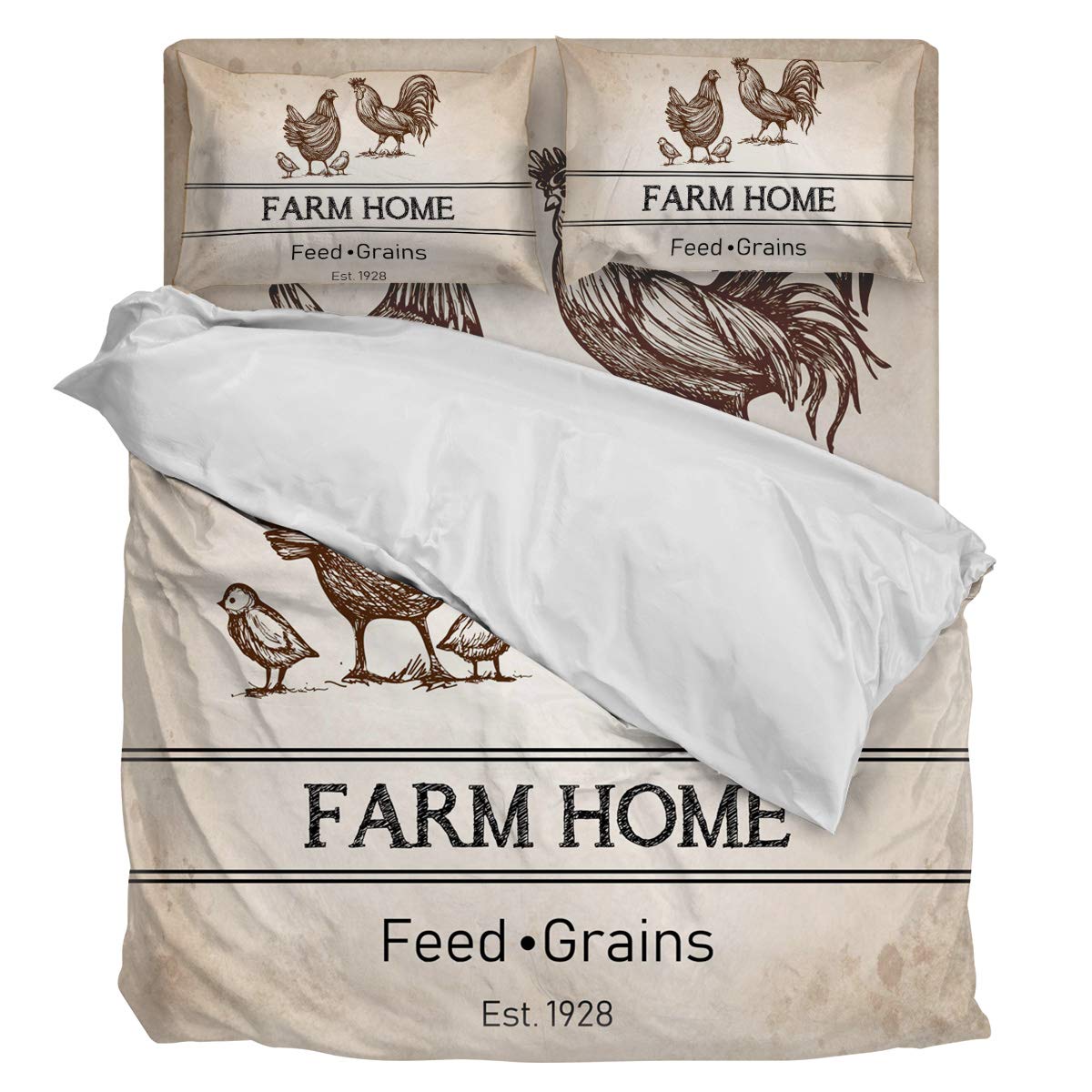 Greeeen 4-Piece King Size Duvet Cover Set - 1 Duvet Cover, 1 Flat Sheet & 2 Pillow Shams | Retro Chicken Farm Family Design for Kids & Adults | Perfect for Farmhouse, Country & Vintage Bedroom Decor