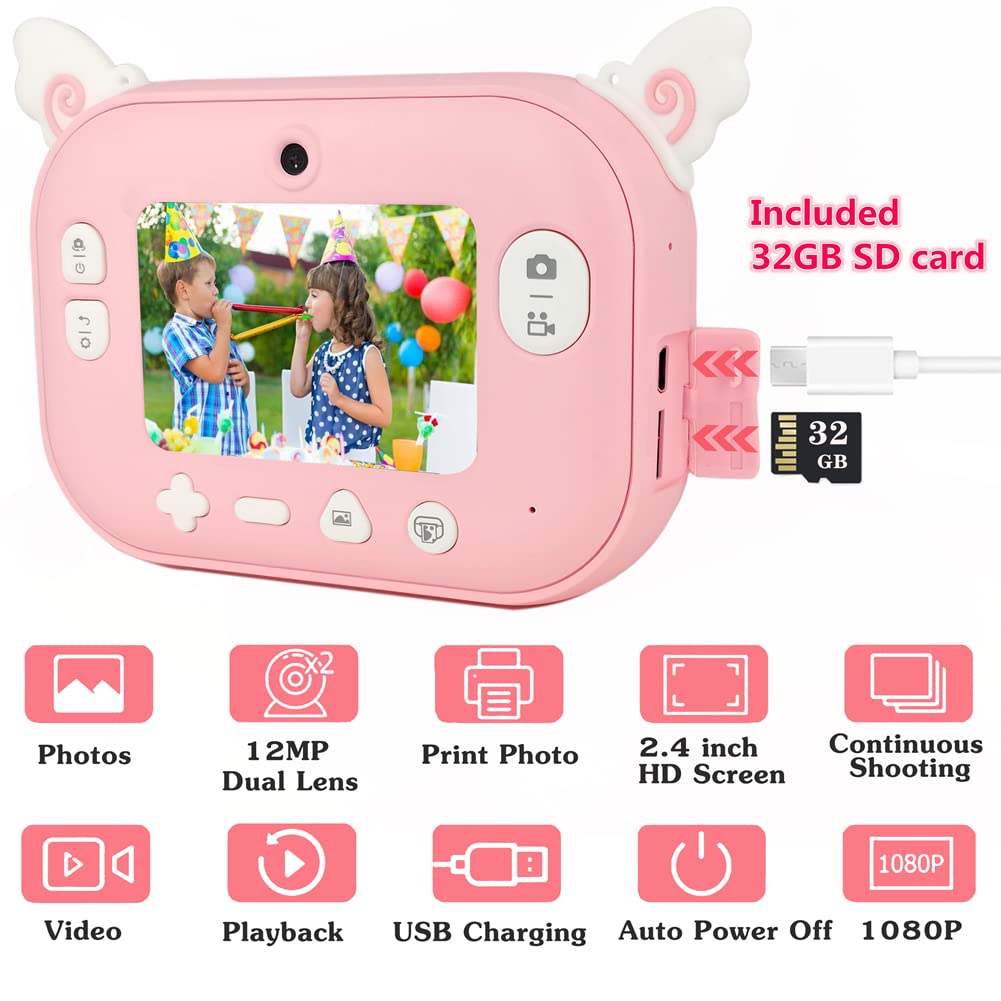 Kids Instant Print Camera with 12 Rolls Refill Paper - Digital Toy Camera for Girls & Toddlers - Pink Photo Printer with 32GB SD Card - Perfect Christmas & Birthday Gift for Children - Capture Memories at Parties, Travel & Family Events