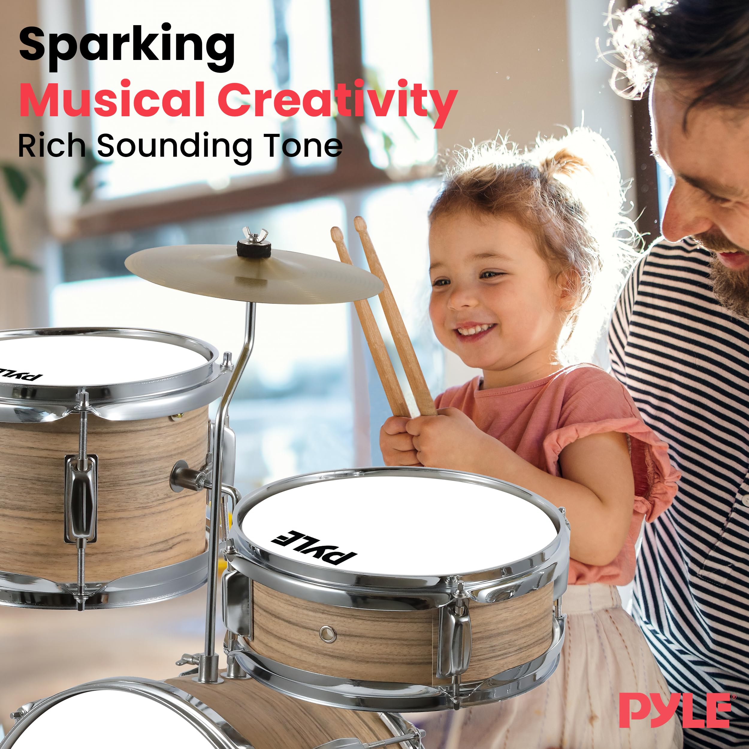 Pyle 3-Piece Kids Drum Set - Junior Beginner Drum Kit with 13