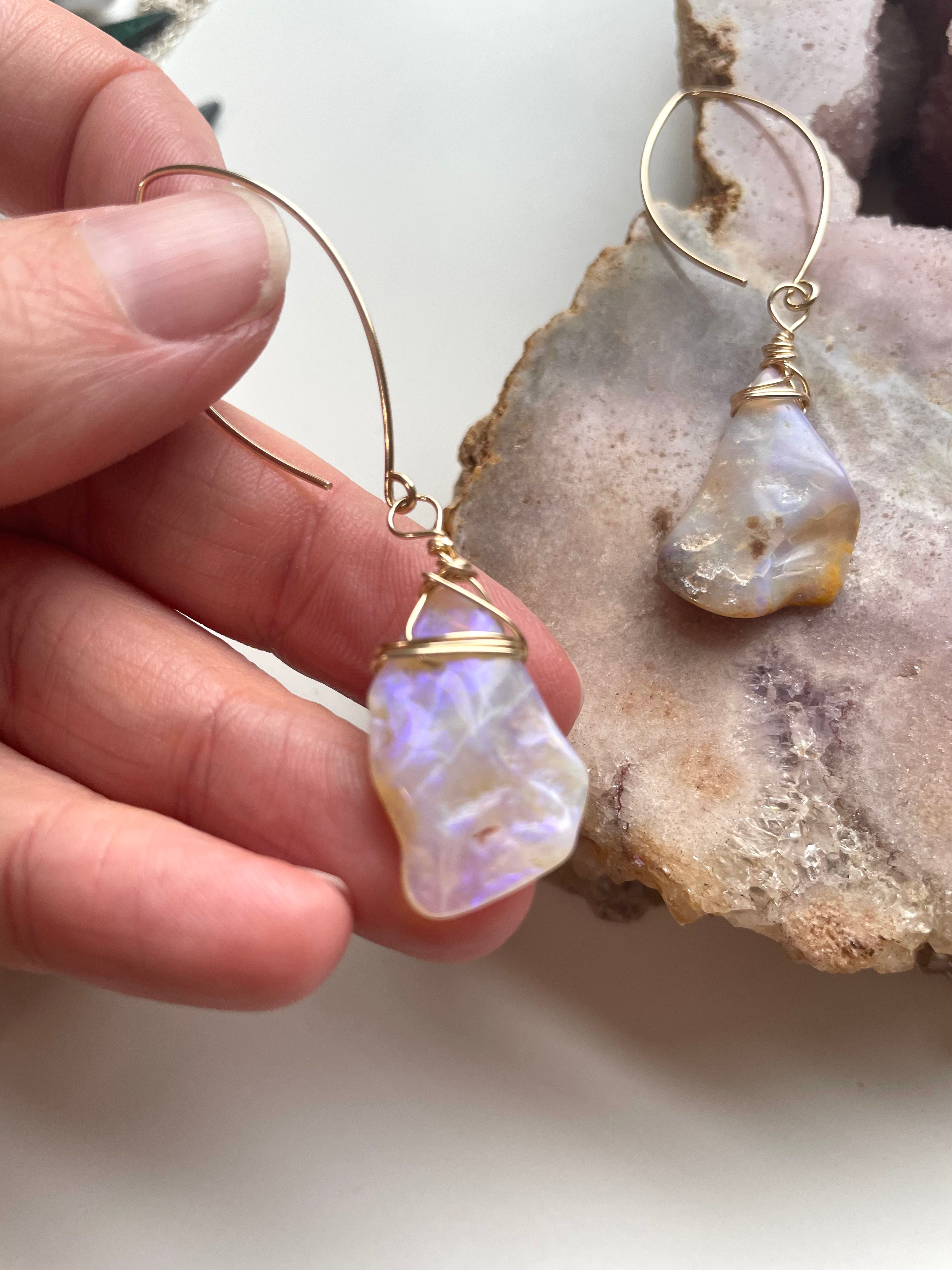 Large Australian Opal Dangle Earrings in Gold Filled - Elegant Statement Jewelry for Women, Perfect for Parties, Weddings & Special Occasions