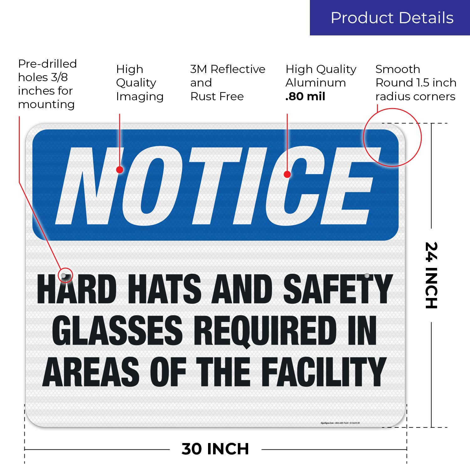 OSHA Compliant Sigo Signs - Hard Hats & Safety Glasses Required Facility Sign | 24x30 Inches | 3M EGP Reflective .080 Aluminum | Fade Resistant | Indoor/Outdoor Use | Made in USA | Perfect for Construction Sites, Warehouses & Industrial Facilities