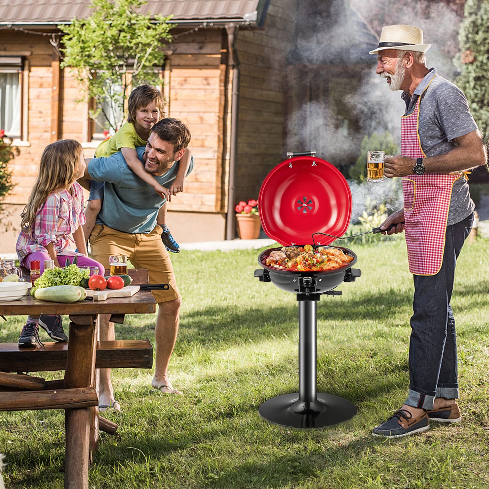 HAPPYGRILL 1600W Portable Electric Grill - Outdoor & Indoor BBQ Grill for 15 People, Compact Stand Grill for Patio, Balcony, Kitchen, Garden - Perfect for Camping, Picnics, Tailgating and Family Gatherings