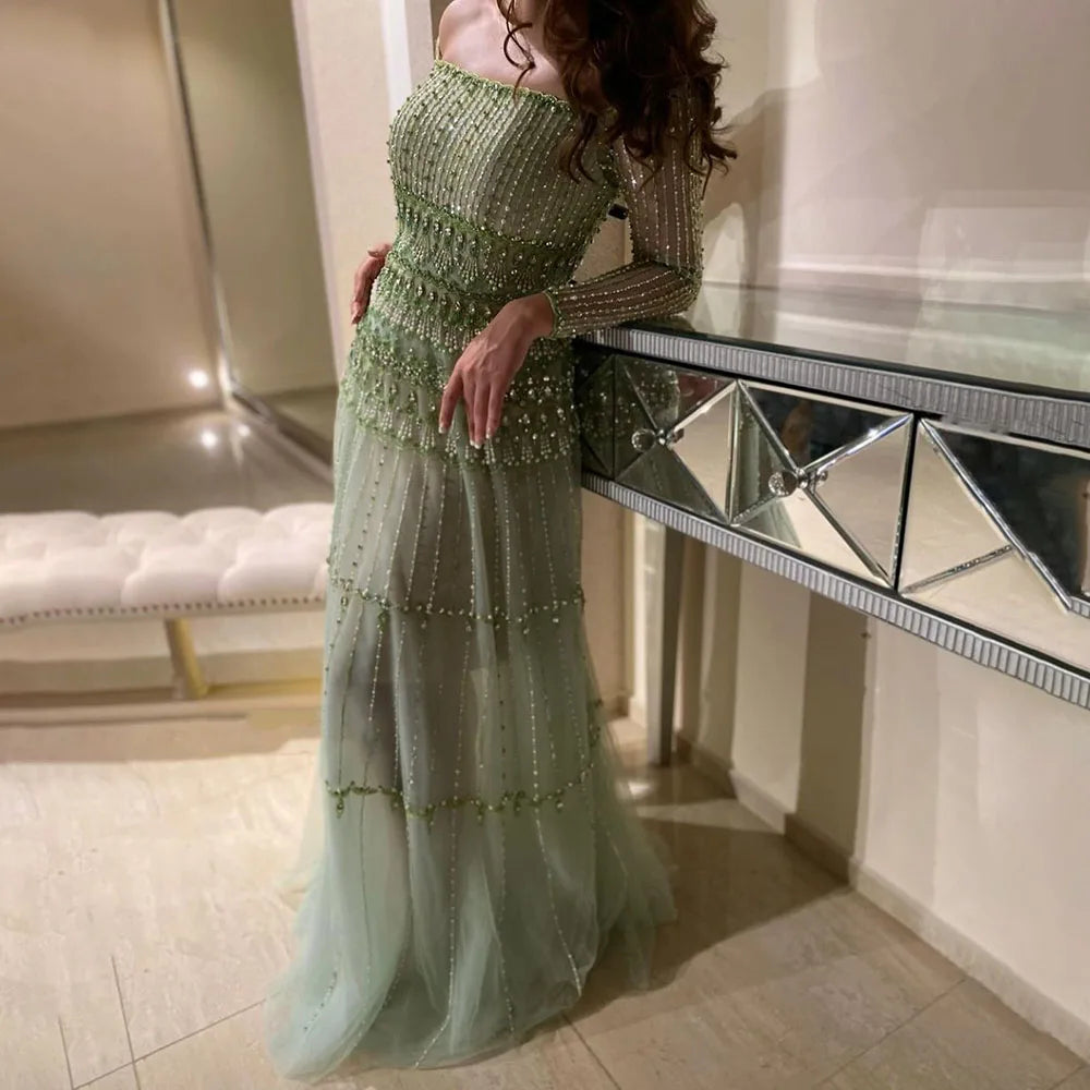 Serene Hill Dubai Arabic Sage Green Mermaid Luxury Evening Gown Beaded Party Dress for Women's Wedding 2025 LA72350 | Elegant Formal Gown for Prom, Red Carpet, Gala & Special Occasions