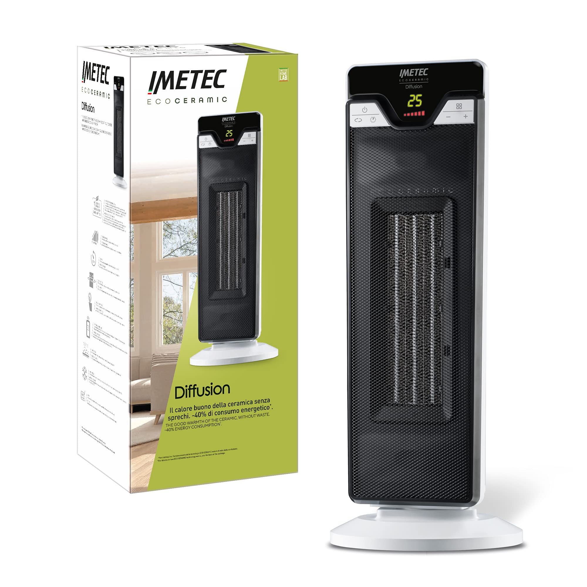 Imetec Eco Ceramic Heater - Energy Efficient Electric Space Heater with Timer & 6 Temperature Settings for Home, Office, Bedroom Warmth
