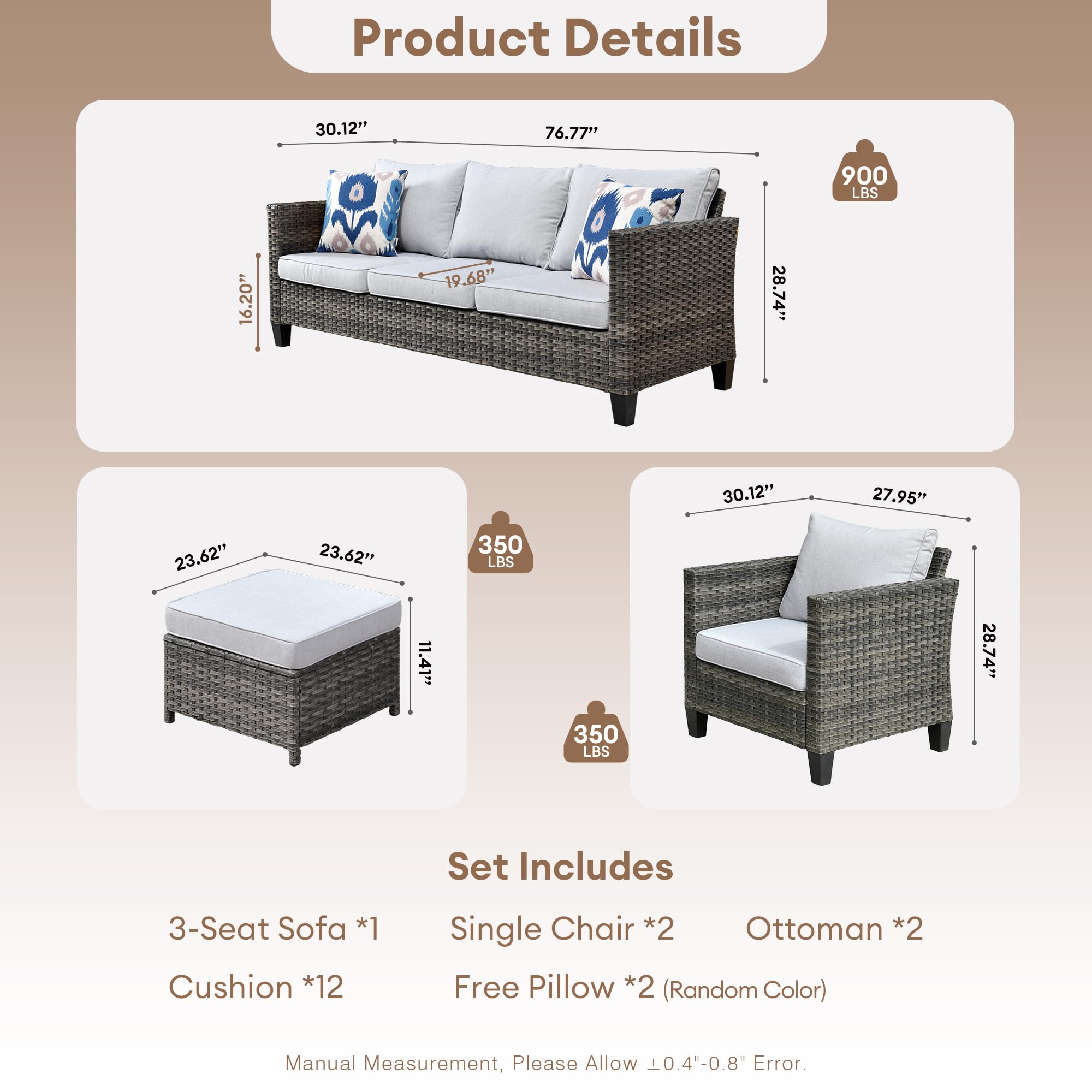 Outdoor Rattan Patio Furniture Set 5-Piece All-Weather Wicker Conversation Set with Sofa, Chairs & Ottomans - Grey - Perfect for Garden, Deck, Backyard & Poolside Relaxation