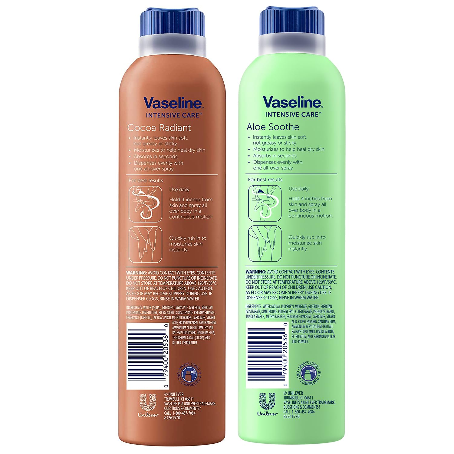Vaseline Cocoa Radiant & Aloe Soothe Body Spray 2-Pack – Non-Greasy, Fast-Absorbing Moisturizer for Dry Skin, 6.5 Oz Each – Perfect for Daily Hydration & Post-Shower Care