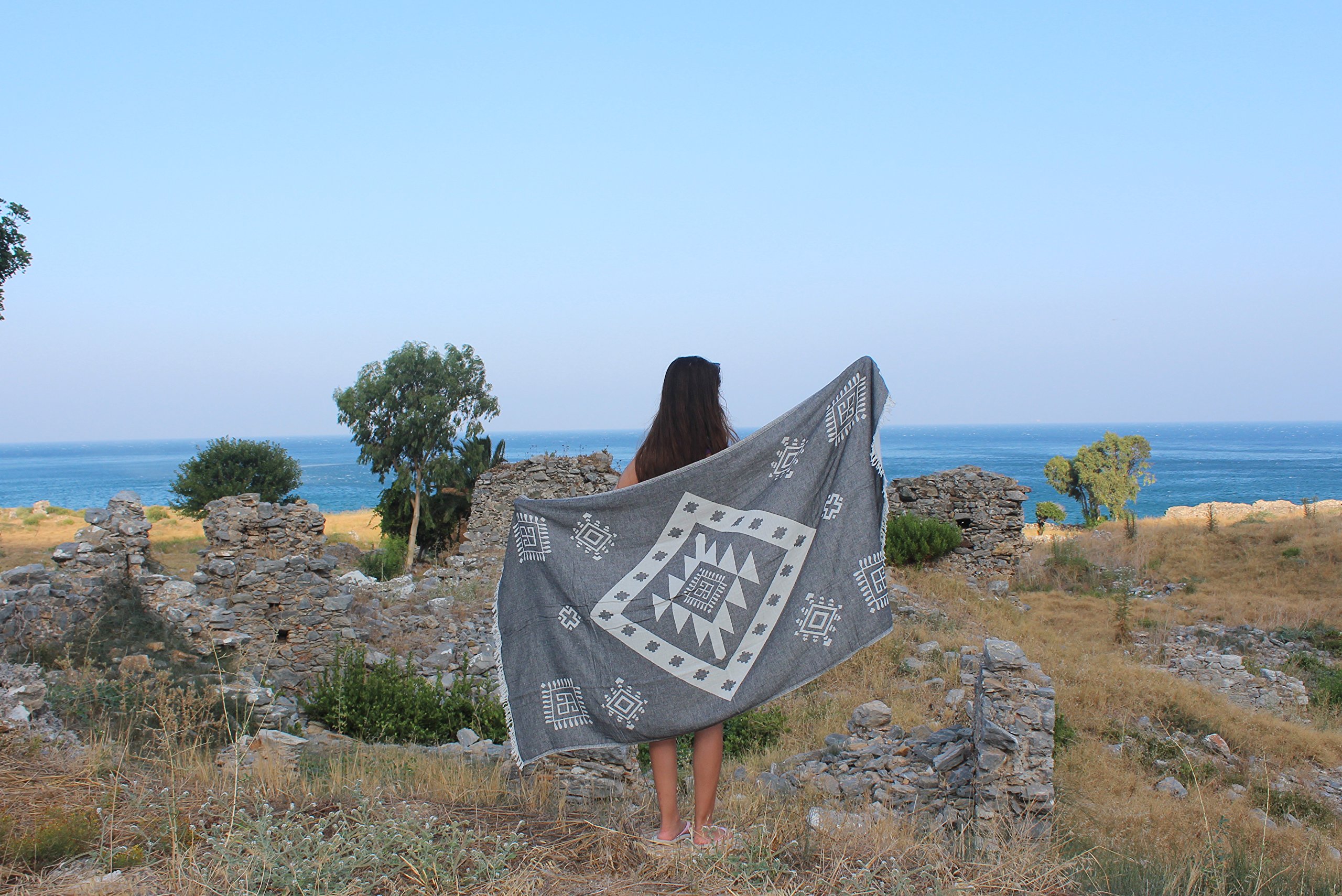 Bersuse 100% Cotton Veracruz Turkish Towel - Ultra Soft & Absorbent Bath Towel, Beach Towel & Peshtemal - 37x70 Inches, Black (Set of 6) - Perfect for Pool, Spa, Travel & Yoga    （注：优化要点说明：   1. 将