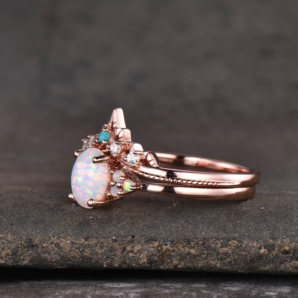 14k/18k Oval Opal Engagement Ring Set - Cluster Opal Bridal Jewelry for Wedding, Proposal & Anniversary Gifts