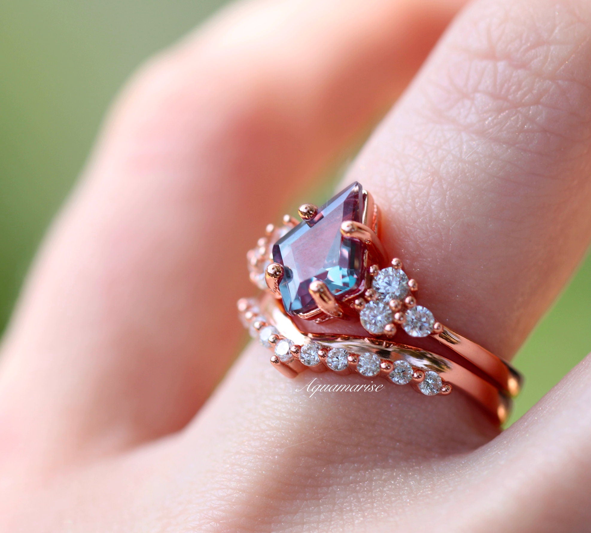 Skylar Alexandrite Ring Set - 14K Rose Gold Vermeil Stackable Rings for Women | Perfect for Engagement, Wedding, Anniversary & Everyday Wear