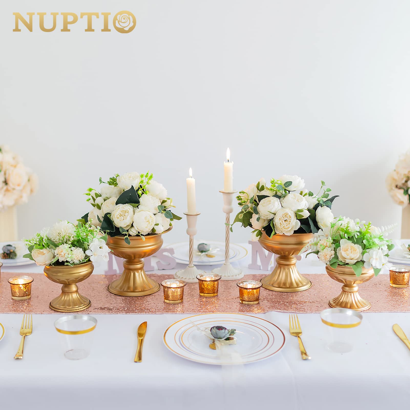 Elegant Gold Metal Urn Vases for Wedding Centerpieces - Set of 10, 6.5 Inch Tall Trumpet Vases for Table Decorations, Party & Home Decor - Perfect for Wedding Receptions, Anniversary Celebrations and Special Events