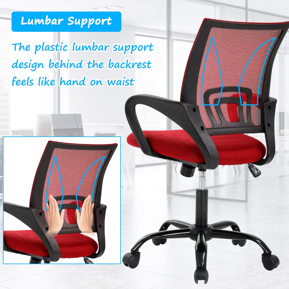 Ergonomic Mesh Office Chair with Lumbar Support - Adjustable Mid-Back Computer Desk Chair, Swivel Task Chair for Home & Executive Use, Red (Perfect for Long Work Hours & Back Pain Relief)