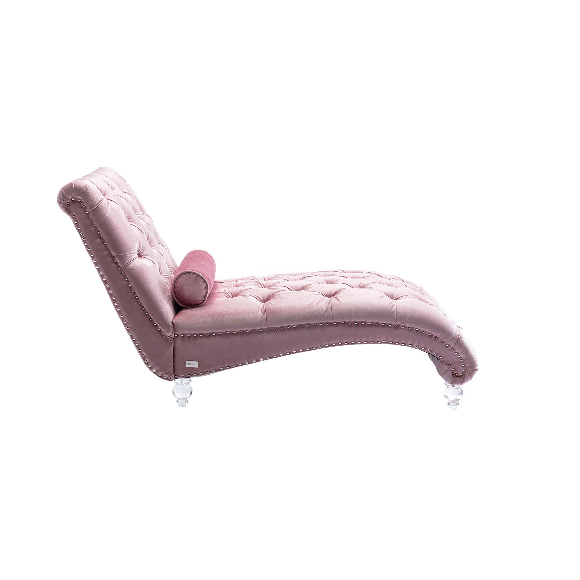 Luxury Velvet Chaise Lounge Chair - Button Tufted Upholstered Sofa with Pillow for Bedroom, Living Room & Office - Pink Velvet Chaise Lounge - Perfect for Reading Nook, Home Decor & Relaxation