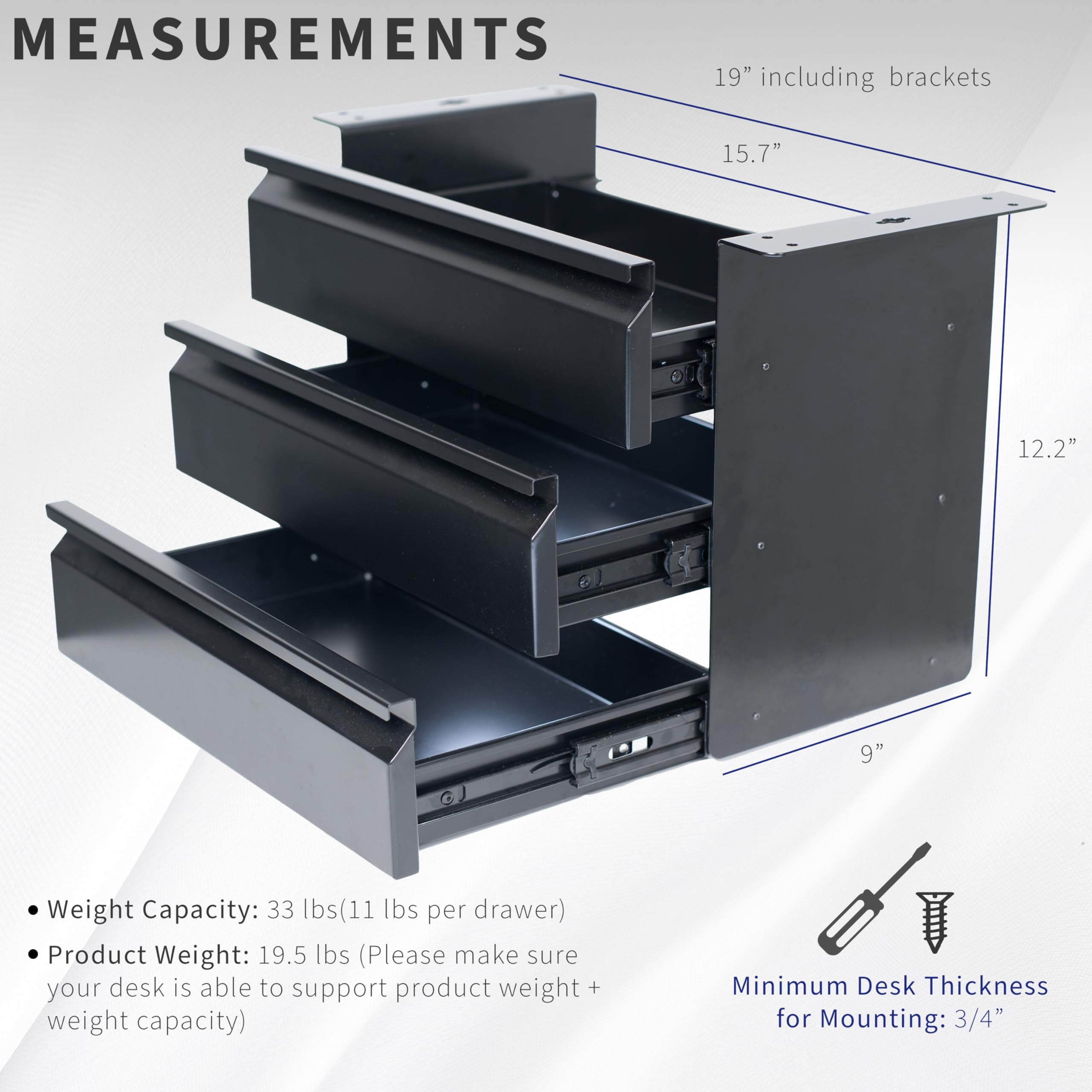 VIVO 16 Inch Under Desk Mounted Sliding Pull-Out 3 Tier Drawer Organizer - Black DESK-DR03 | Space Saving Vertical Storage for Office & Standing Desk | Perfect for Files, Stationery & Office Supplies Organization