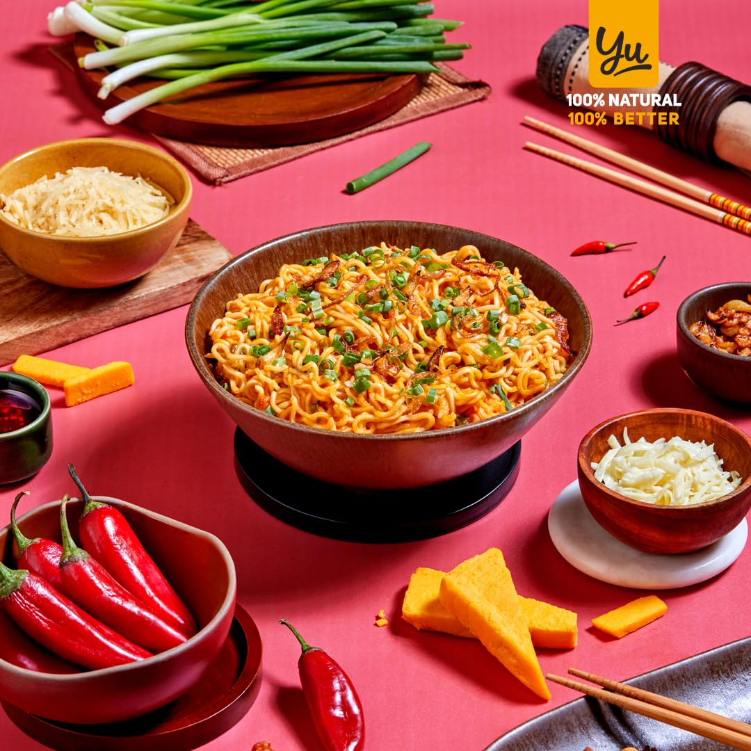 Yu Foodlabs Spicy Korean Ramen with Cheese - 4 Pack (100g x 4) | No MSG, Preservative-Free | 100% Natural Vegan Instant Noodles | Ready in 6 Minutes - Perfect for Quick Meals, Late-Night Snacks & College Dorm Cooking