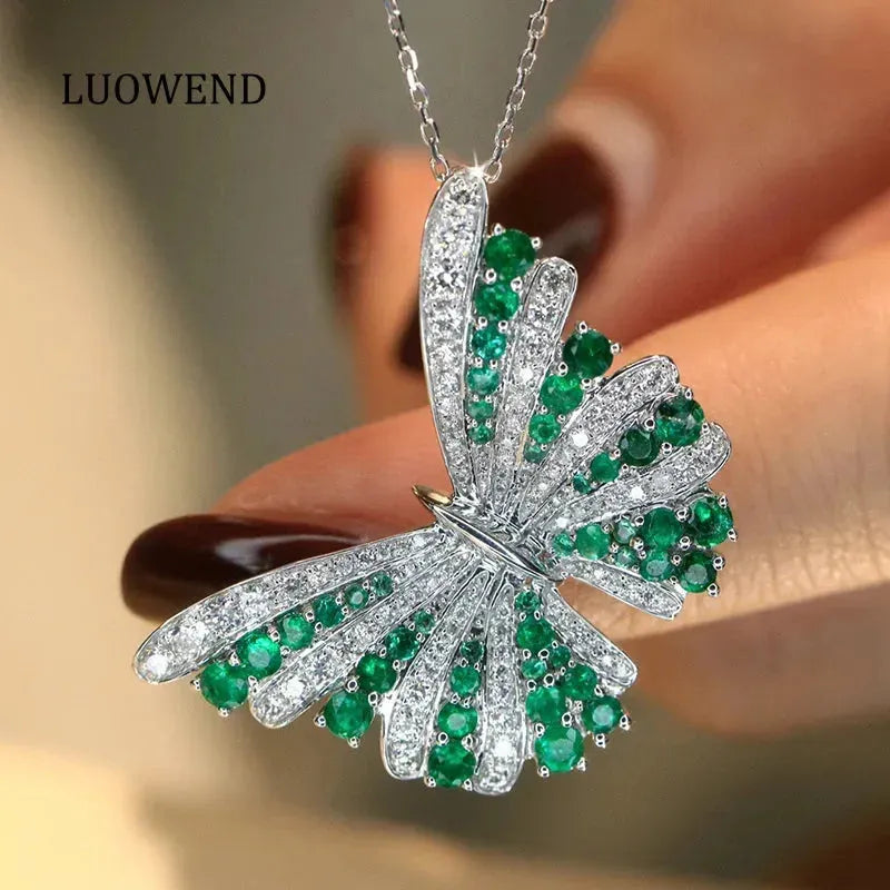 18K White Gold Butterfly Necklace for Women - Luxury Emerald & Diamond Jewelry for Parties, Weddings & Special Occasions